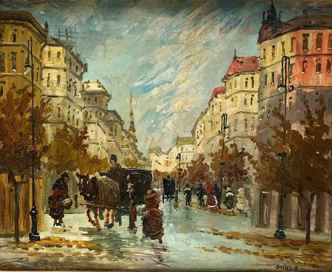 Antal Berkes Street scene with carraiges oil painting picture